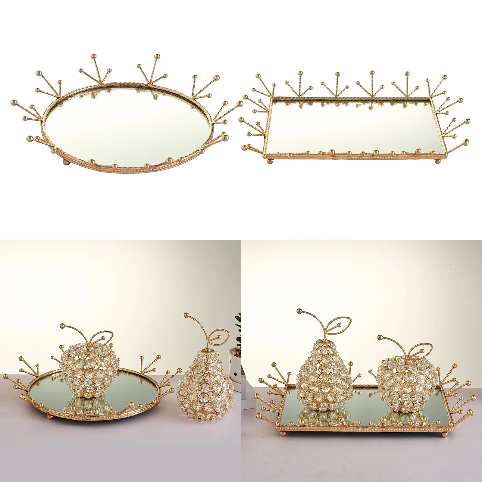 

European Gold Storage Tray Jewelry Cosmetics Organizer Mirror Metal Serving Tray Holder Home Decor Wedding Party Ornament