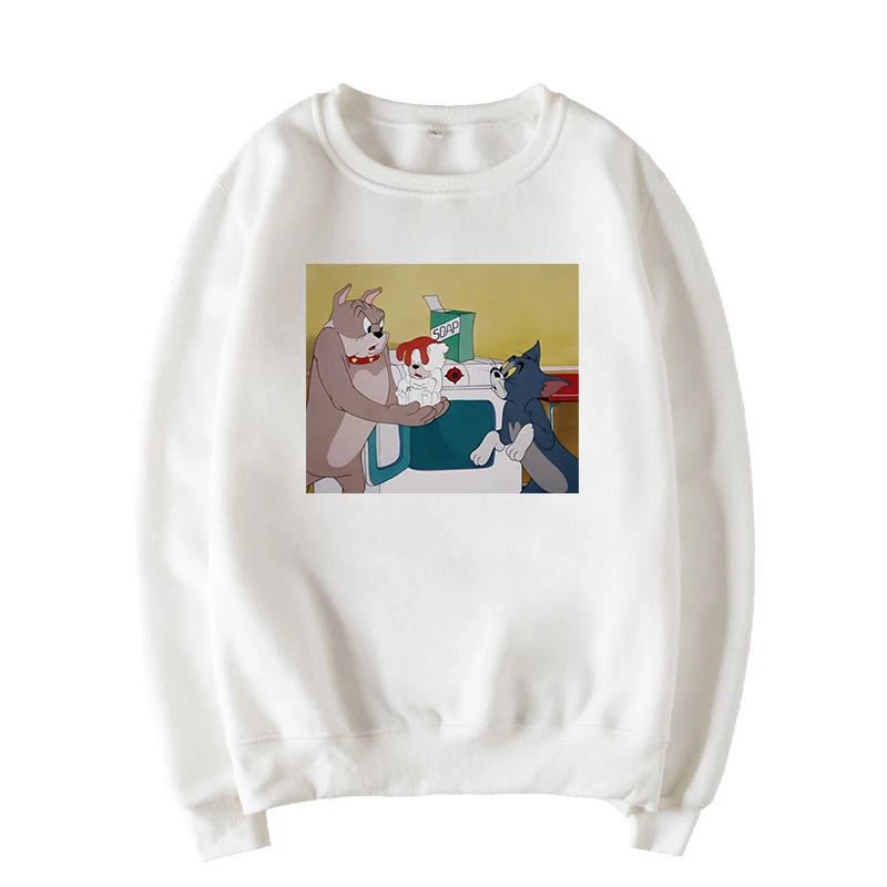Tom Cat мышь Джерри зима Повседневный мультфильм женский свободный длинный рукав женский большой размер o-образным вырезом Harajuku Винтаж Забавный Ins Толстовка