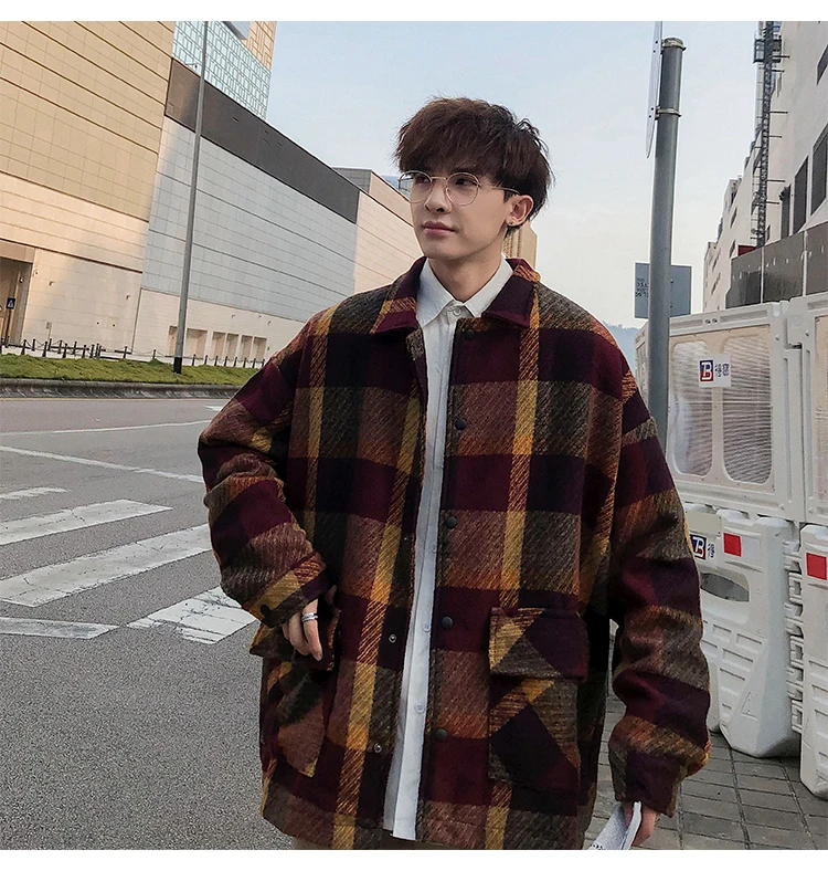 Fashion Mens woolen coat Red Khaki Loose plaid jacket Autumn Spring Winter