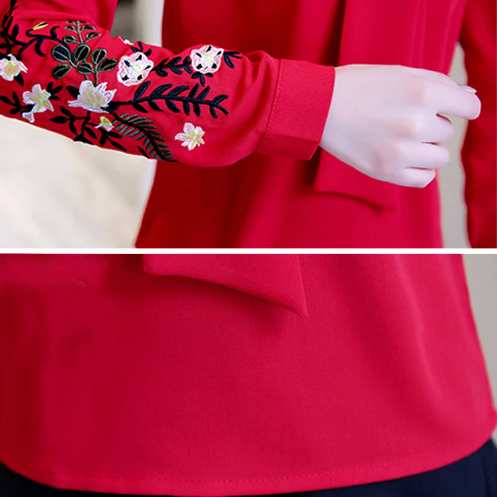 

2019 Autumn Fashion Women Flower Embroidery Necktie Shirt Long Sleeve Chiffon Blouse V Neck Breathable Women's Blouse Size M-3XL
