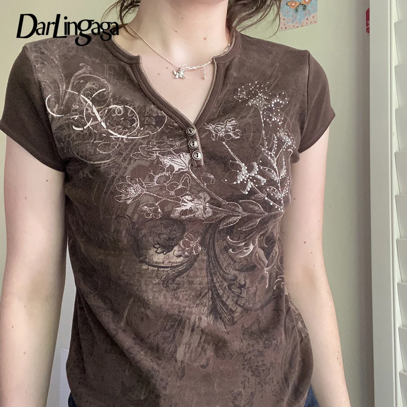 

Darlingaga Retro Y2K Fairycore Grunge Printed Brown Crop Top T-shirts Women Summer Graphic Tee 90s Aesthetic Chic T shirt E-Girl