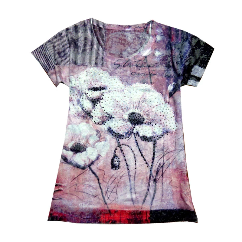 

Hot drilling Floral print t shirt women 4XL short sleeve graphic tees modis slim tshirt o-neck tops tee shirt femme 2020 summer