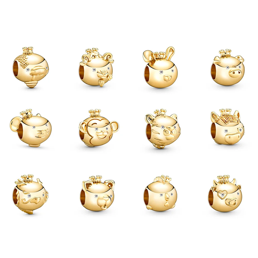 

925 Sterling Silver Beads Gold Color 12 Chinese Zodiac For Women Pandora Charm Original Bracelet