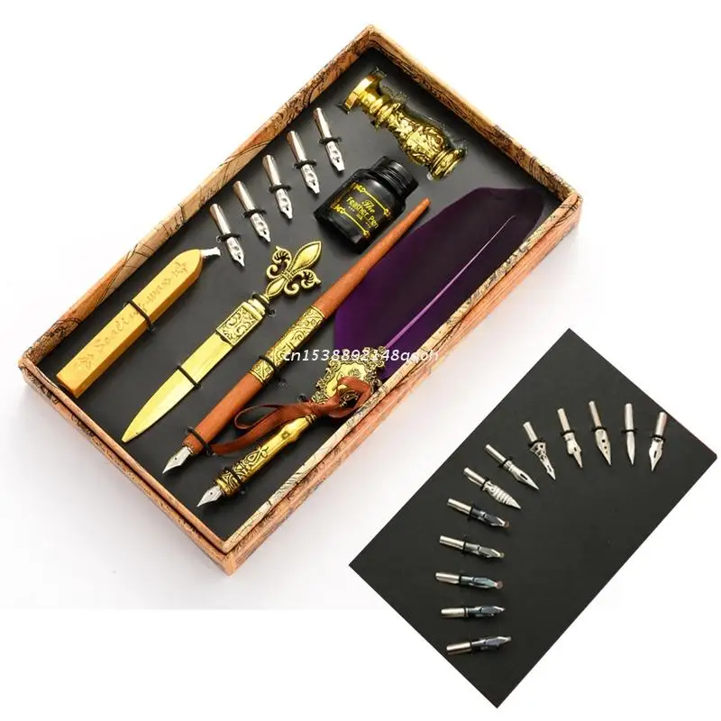 

Vintage Quill Feather Dip Pen Fountain Writing Ink 5 Nibs Seal Wax Gift Box Calligraphy Stationery Dropship