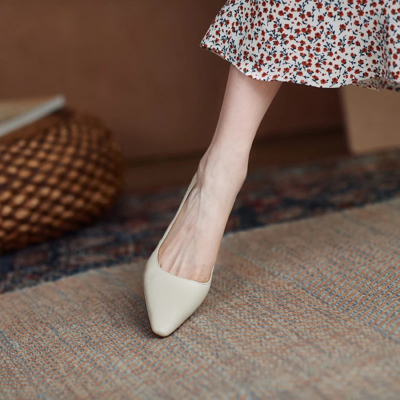

ZVQ Woman Genuine Leather High Heels Spring New Style Office Lady Shoe Solid Color pointed toe Concise Comfortable ventilation