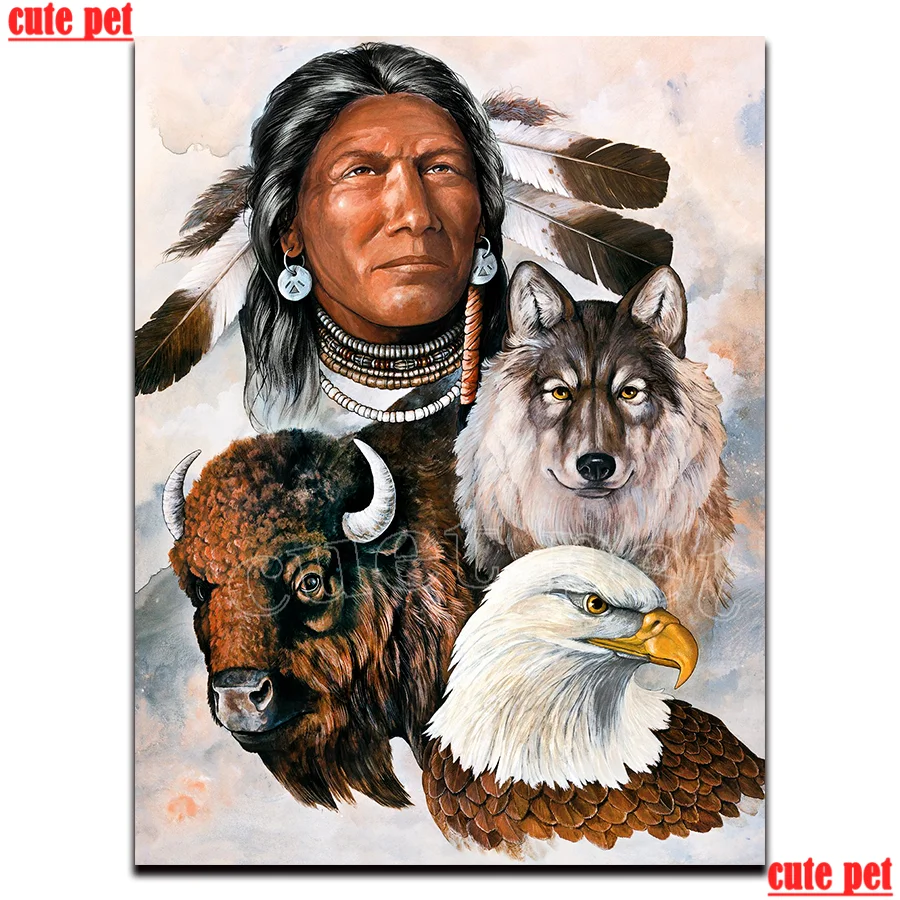 

Алмазная вышивка «сделай сам», полностью квадратная, круглая картина для вышивки крестиком, индейский человек, украшение для вышивки крест...