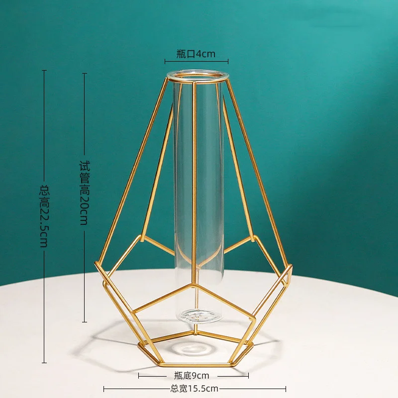 

Nordic Simple Golden Vase Geometric Metal Plant Holder Hydroponic Plant Flower Vase Glass Test Tube Terrarium Table Home Decor