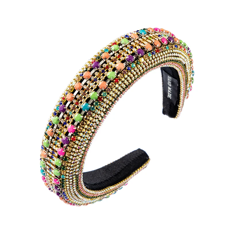 

Luxury Baroque Colorful Crystal Beaded Headband for Woman Vintage Sparky Rhinestone Metal Belt Sponge Hairband Female Headpieces