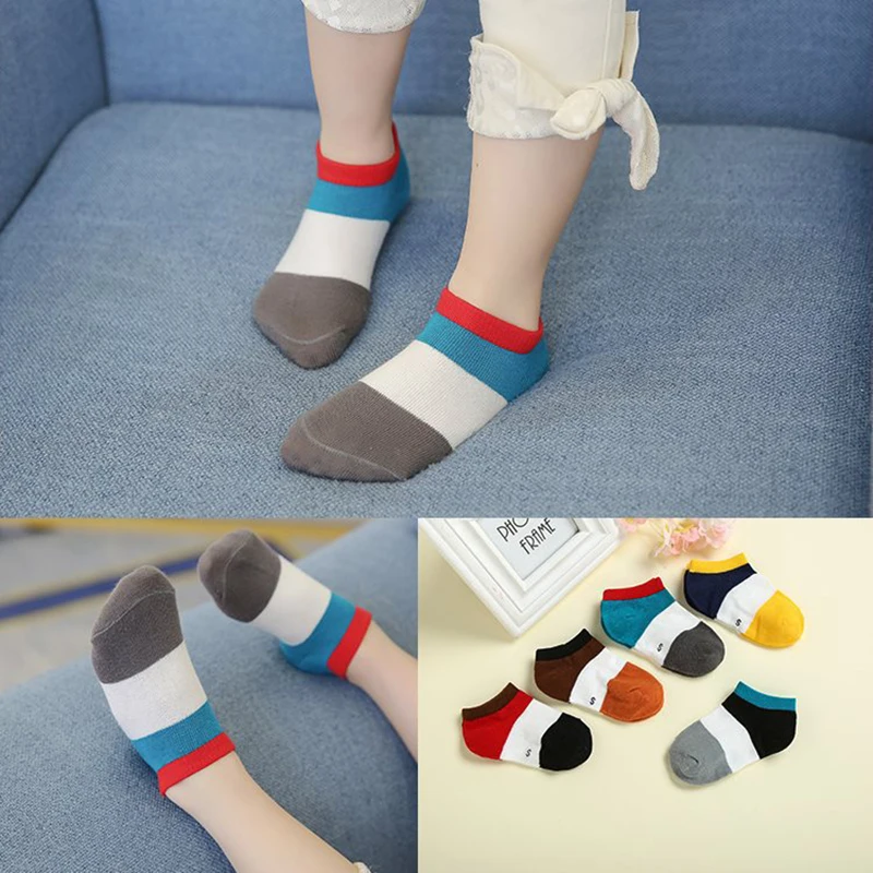 CYSINCOS 5Pcs Baby Socks Spring Cotton Children Summer Short Thin Invisible Boy Girl Mesh Stripes Color Matching Boat Sock |