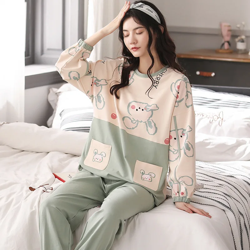 

SLPBELY Women Pajamas Cotton Winter Cute Girls Casual Homewear Set Long Sleeves+Pants Plaid Cute Cartoon Print Sleepwear