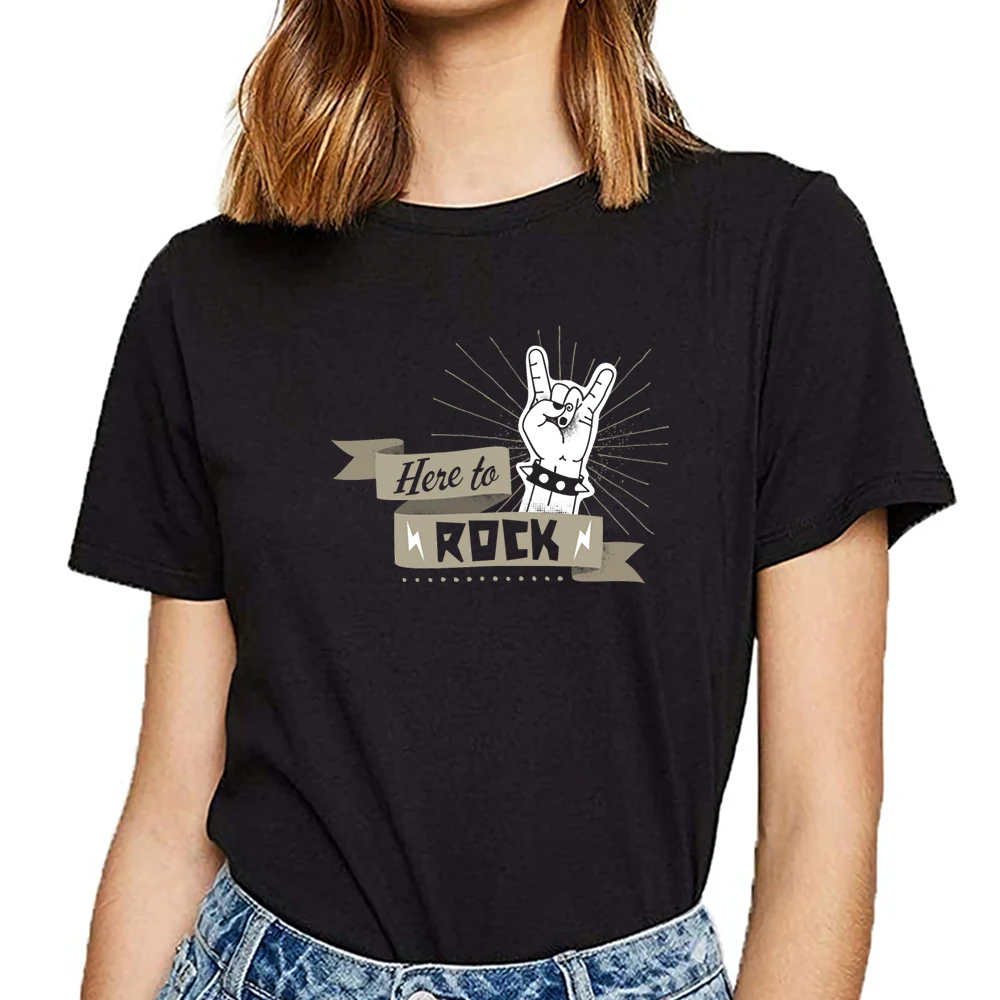 

Tops T Shirt Women here to rock Comic Inscriptions Cotton Female Tshirt
