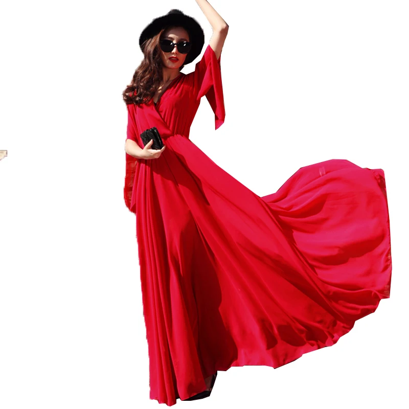 Новинка лета 2020 красное Элегантное Длинное платье женское однотонное шифоновое