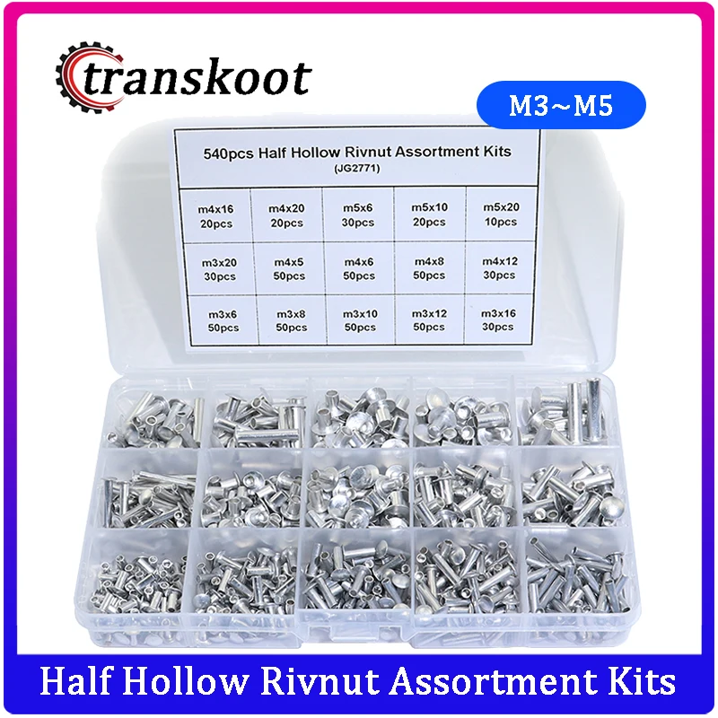 Transkoot 540 шт. алюминиевый сплав кожаные заклепки гайки полые Rivnut Ассортимент