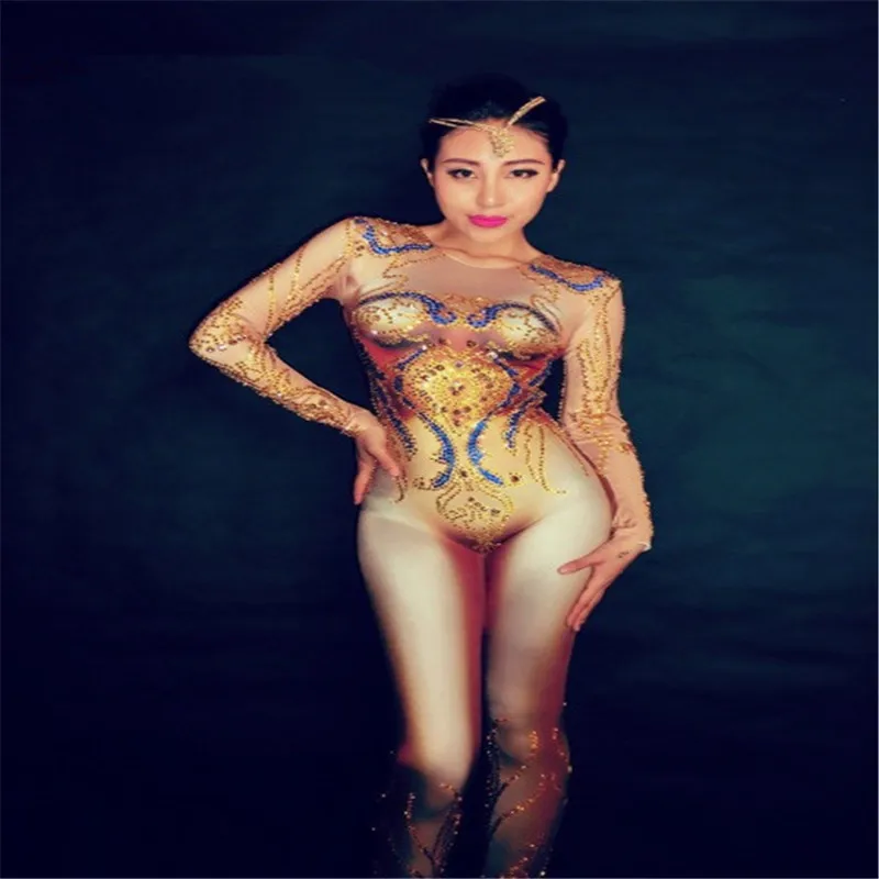 

Женский Облегающий комбинезон S72, эластичный комбинезон с золотыми стразами и 3D-принтом, одежда для дня рождения, купальник с блестками, 2019