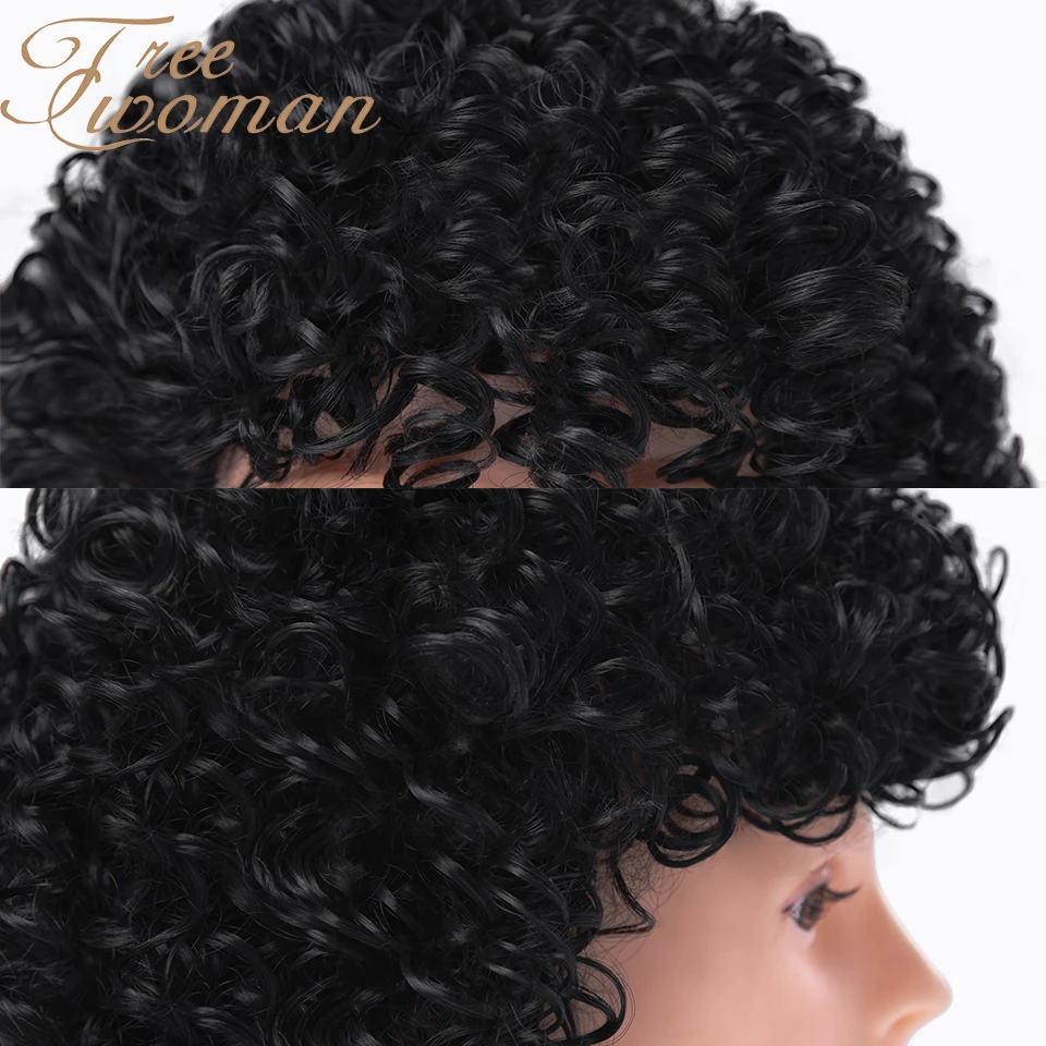 

FREEWOMANBlack 14inches Afro Kinky Curly Wig Synthetic Short Wig With Bangs Natural Heat Resistant Fiber Wigs for Black Women