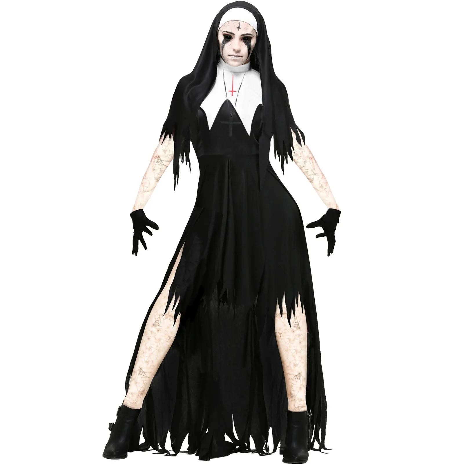 Women Scary Costumes Halloween Masquerade Evil Party Uniform Nun Dress Set Halloween Disfraces De Halloween Para Mujer