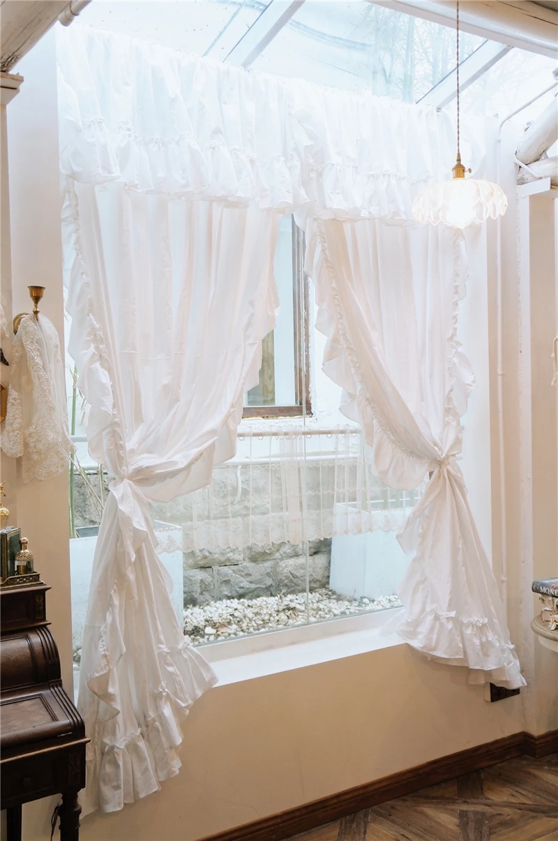 French Style White Cotton Curtains with Valance for Living Room Ruffles Rod Pocket Solid Color Window Drapes Girl's Bedroom | Дом и сад