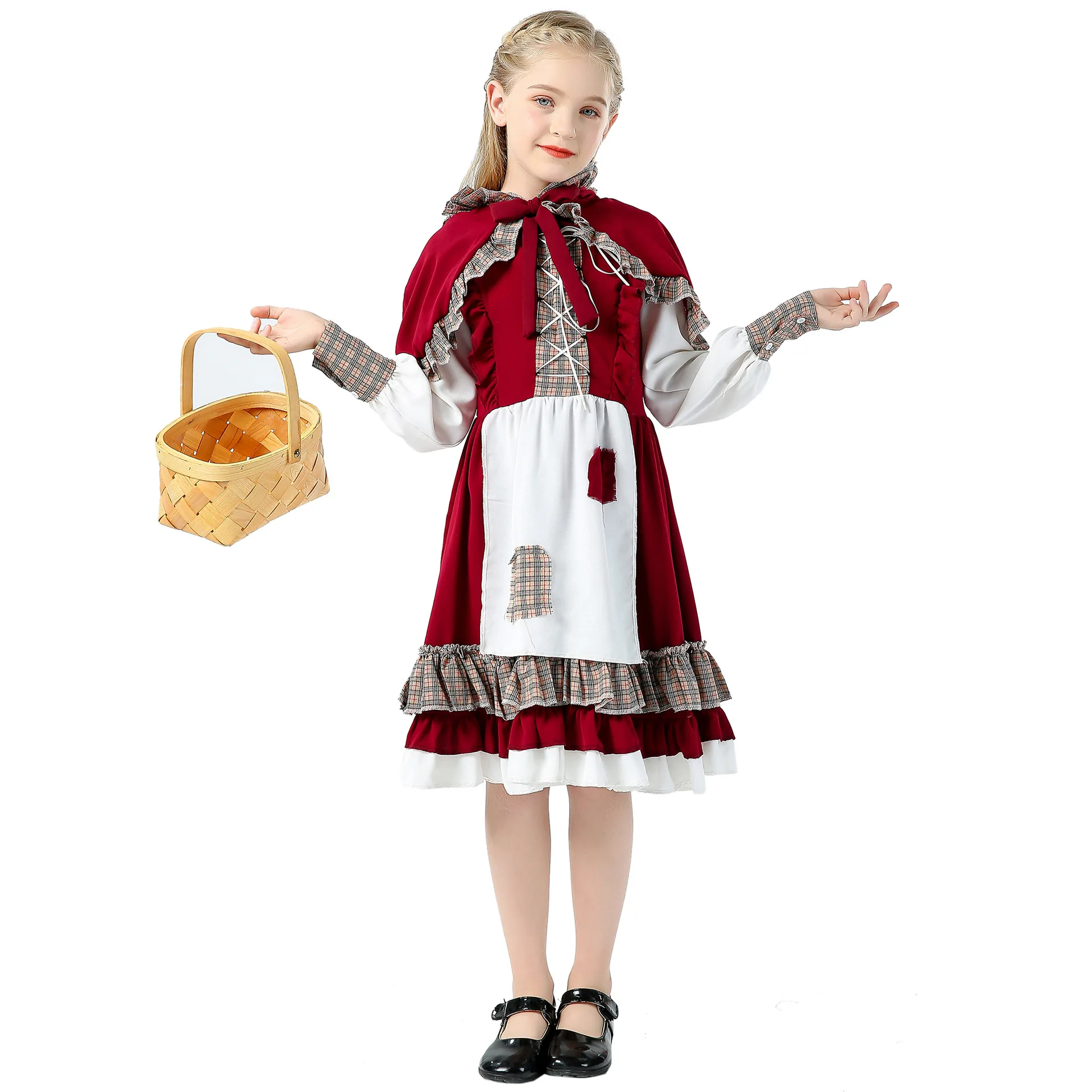 

Girls Little Red Riding Hood Dress Fairy Tale Plaid Dresses Cosplay Uniforms Halloween Costumes for Children's Girl