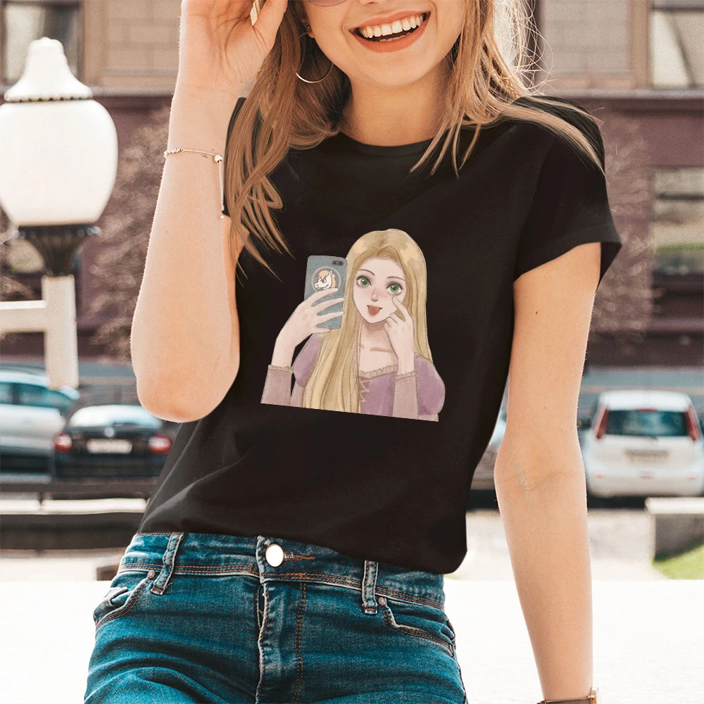 

Disney Princess Rapunzel Graphic T Shirt Women Tops O-neck Sexy Black Tees Funny Summer Female Soft Kawaii T-shirt