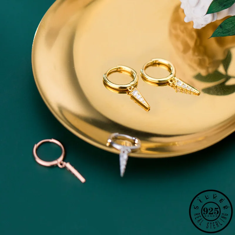 925 Sterling Silver Small Triangle Rose Gold Color Plated Hoops Piercing Cubic Zircon Earrings Ear Rings Fine Jewelry for Women | Украшения