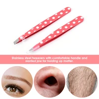 hair removal tweezers stainless steel eyebrow clips mini pink dots slanted flat tip point eye brow makeup beauty tool set