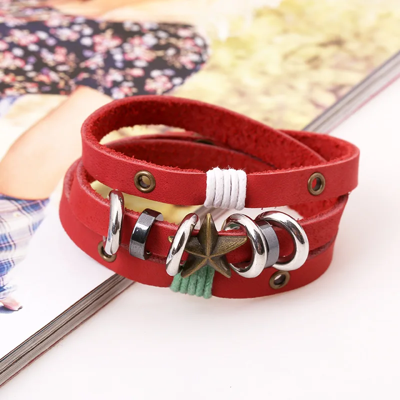 Женский Многослойный кожаный браслет золотистый с пятью звездами роскошная