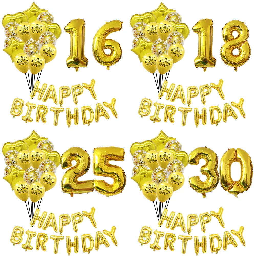 

16pcs Gold Confetti Latex Balloons Star Heart Foil Balls Happy 16 18 25 30 Years Birthday Party Decoration Baby Shower Supplies