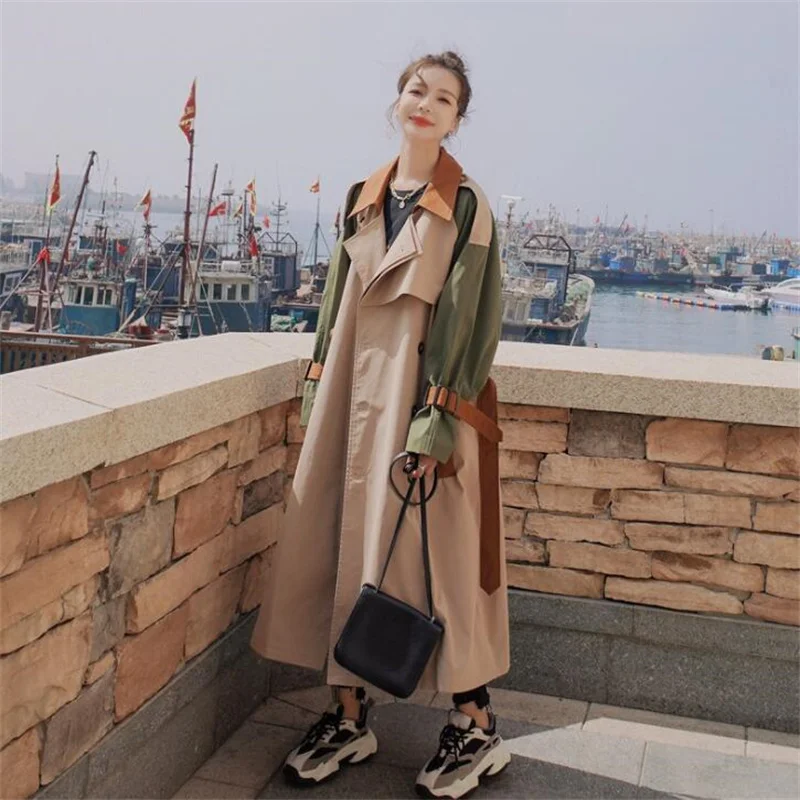 Long trench coat womens jacket three-color stitching clothes lapel double-breasted belted waist female autumn тренч женский