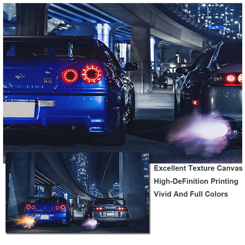 Картина на холсте "Car Wall Art Frame GTR R34 против Supra" для декора гостиной, спальни и дома. Без рамки.