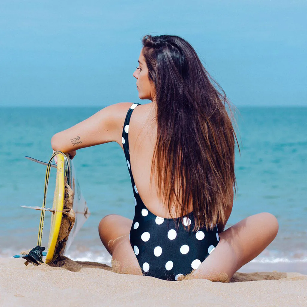 

Women Zipper Leaf Polka Dot Print Monokini Push-Up Padded Bra Backless One Piece Professional Swimwear 2020