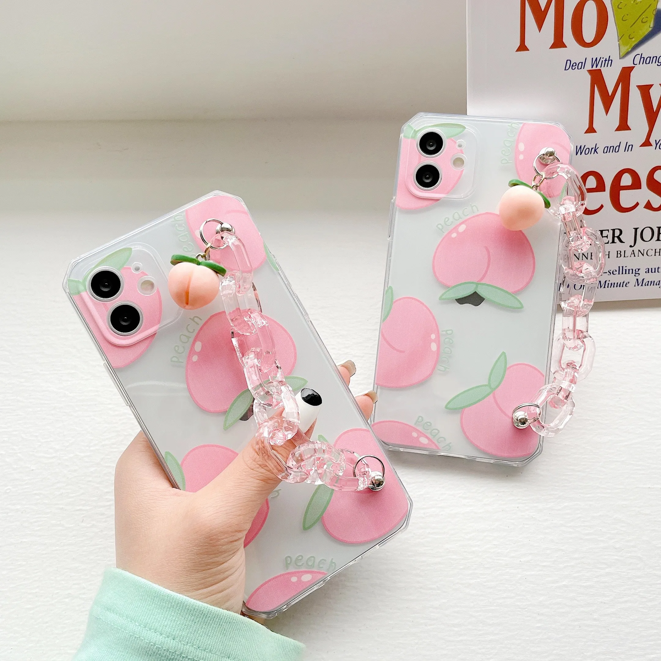 

Pink Peach Transparent Bracelet Wrist Phone Case For IPhone 11 12 Pro Max X XS XR 7 8 Plus Cute Clear Kawaii Cover Funda Coque