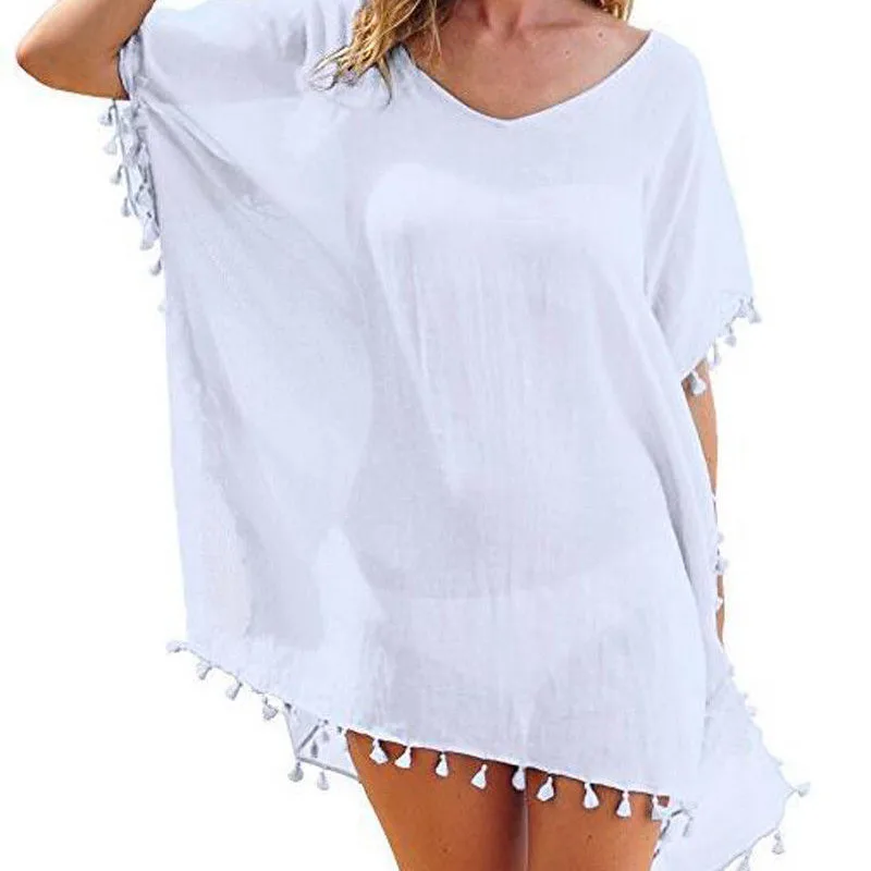 2021 Chiffon Tassels Beach Wear Women Swimsuit Cover Up Swimwear Bathing Suits Summer Mini Dress Loose Solid