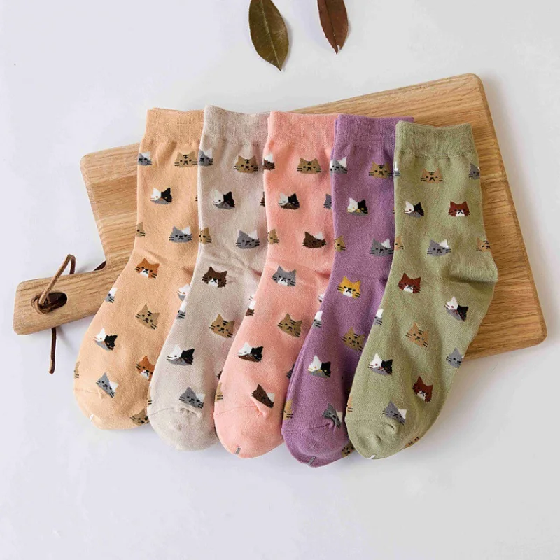 5 Pairs/Lot Cute Cartoon Pure Cotton Women Socks Harajuku Fashion Colorful Cat Heads Korean Kawaii Girls Socks Set Chaussettes