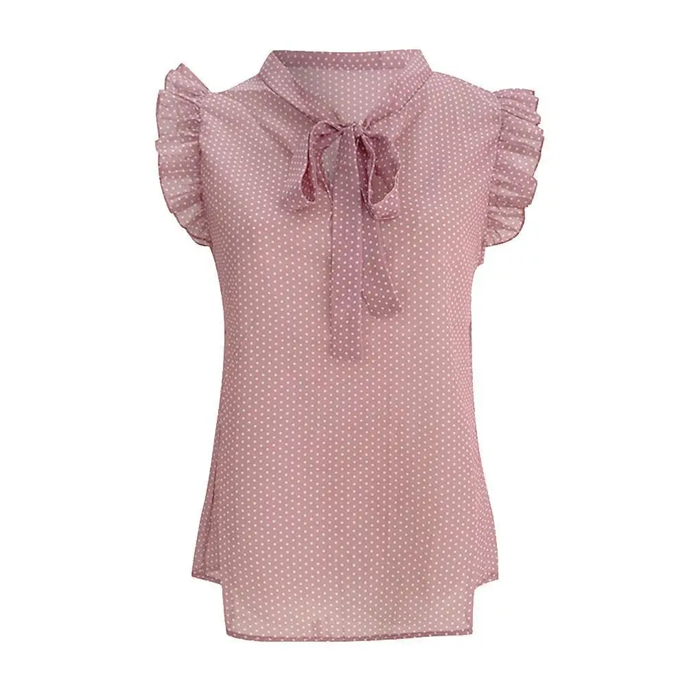 2021 Летняя мода футболка в горошек с бантом на воротнике женский топ оборками без