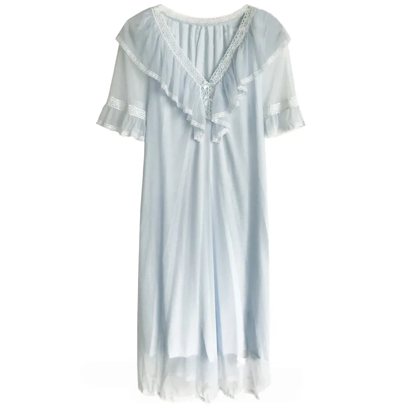 

Fairy Mesh Night Dress Women Ruffle Hem V Neck Lace Sleepwear Princess Nightdress Peignoir Ladies Girls Kawaii Vintage Nightgown