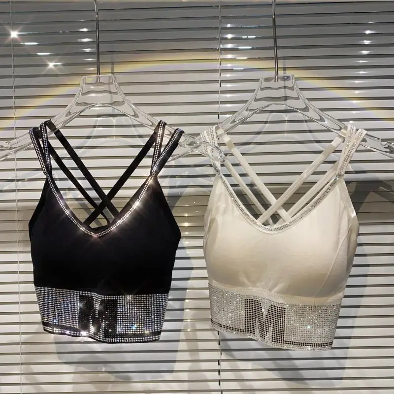 

2021 Summer New Flame Letter Hot Drilling Chest Pad Tube Top Sexy Sports Underwear Sling for Women Yoga Rhinestone Bead Camisole
