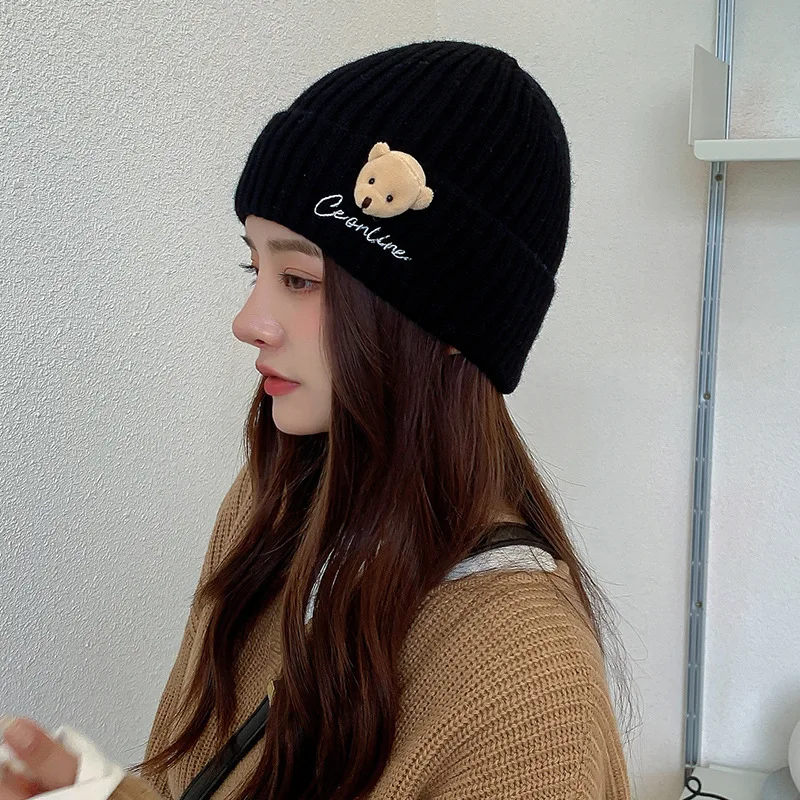 

Korean Winter Knitted Wool Hat for Women Girls Autumn Winter Fashion Cute Bear Versatile Lady Skullied Bonnets Letter Hat