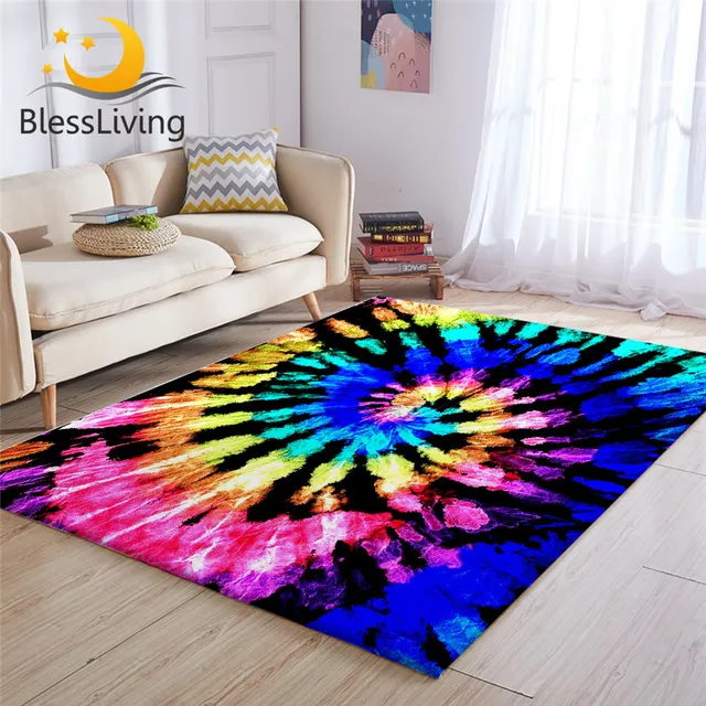 BlessLiving Tie Dye Area Rug Luxury Colorful Rectangular Carpet Tye Dye Modern Anti-slip Watercolor Decorative Floor Mat 3 Sizes 1