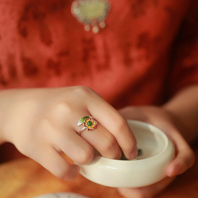 

Original design natural Hetian jasper enamel opening adjustable ring Chinese retro charm women's silver jewelry