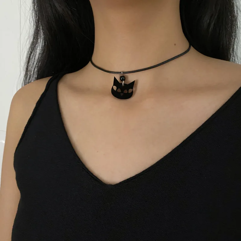 

Dark style cute acrylic black cat necklace choker short collarbone chain