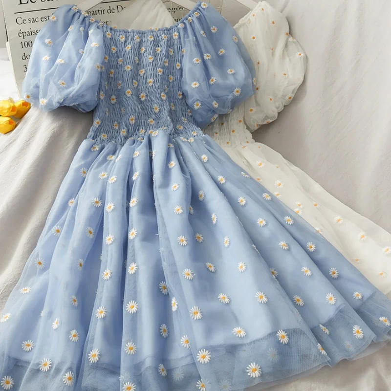 

Сетчатое женское платье с вышивкой и маргаритками, с открытыми плечами и коротким рукавом-фонариком, женские миди-платья, летняя облегающая...