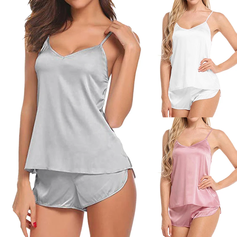 

2 PCS Womens Sleepwear Satin Pajama Cami Set Silk Solid Nightwear Lingerie SWD889