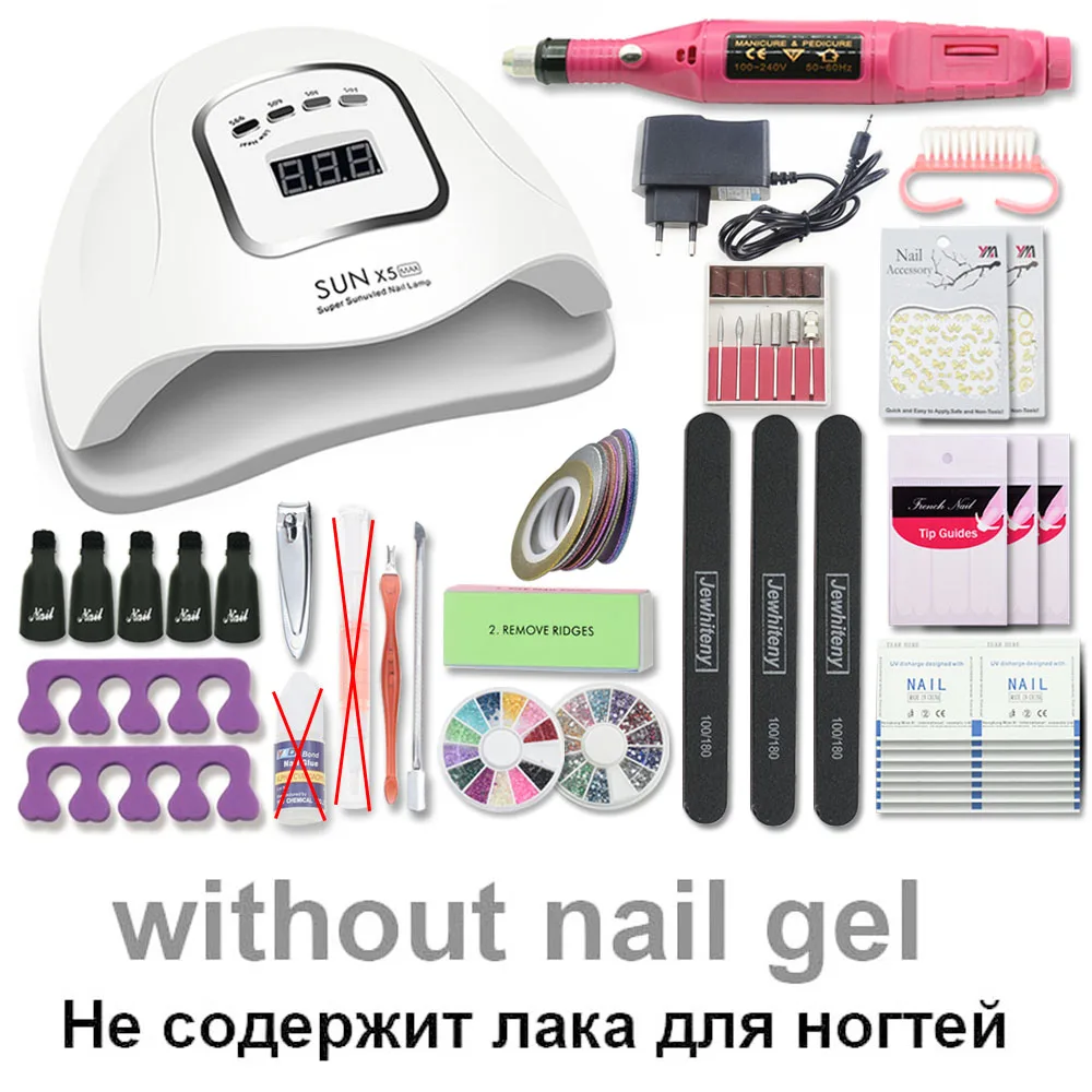 80W X5 MAX SET2 Маникюрный набор с лампа для ногтей 80/54/36 Вт для ногтей набор 10 цветов УФ комплект гель-лаков для ногтей, набор инструментов для ногтей искусство Наборы для маникюра пилочки для ногтей - Цвет: 80W X5 MAX SET2
