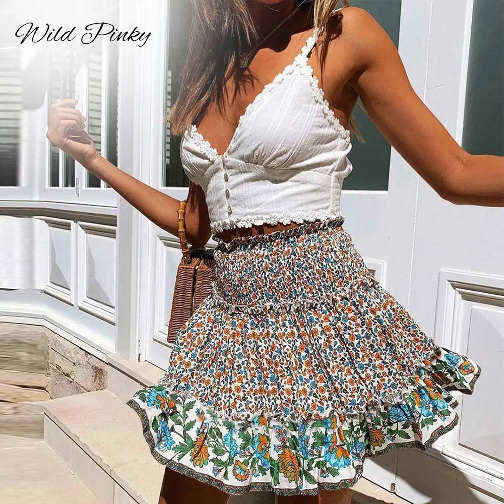 

WildPinky Fashion Boho Floral Print Spliced Mini Skirt Women Summer 2022 Elegant Elastic High Waist Skirts Beach Female Bottom