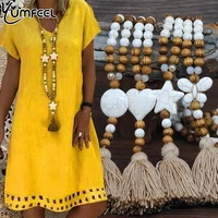yumfeel new bohemian necklace handmade stones tassels wood beads necklace long women jewelry gifts
