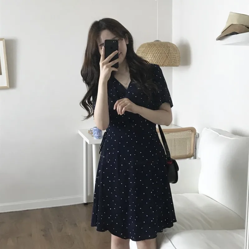 Женское платье в горошек красное Повседневное до колен с коротким рукавом и