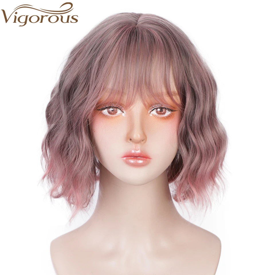 

Vigorous Synthetic Short Wavy Wig with Bangs Pink Wigs for Women Black Red Blue Cosplay Bob Wigs Heat Resistant Fiber