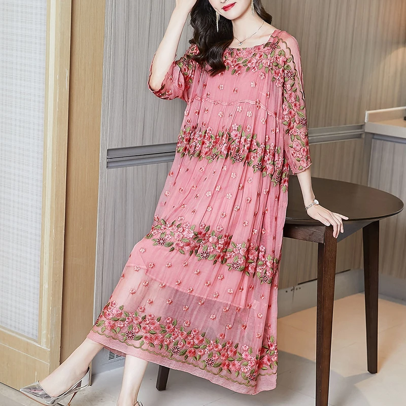 

Summer Elegant Pink Floral Embroidery Dress 2021 Vintage M- 3XL Plus Size Mulberry Silk Midi Dress Women Party Vestidos