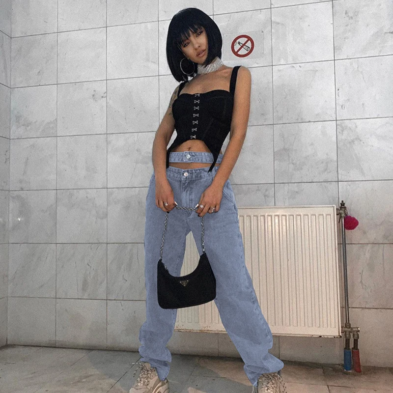 

Waist Hollow Out Streetwear Jeans Hip Hop Loose Wide Leg Denim Pants Tide Women Trousers High Waist Ins Boyfriend Straight Jeans