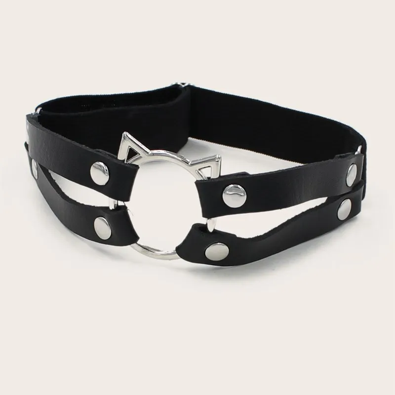 

Women Goth Sexy Faux Leather Elasticity Leg Garter Belt Cute Hollow Cat Stretchy Wide Band Thigh Ring Anti-Slip Cosplay Harness